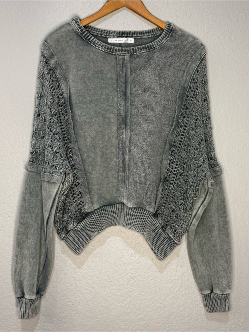 Altar'd State Heathered Gray/Sage Green Crochet Sleeve Crewneck Sweater